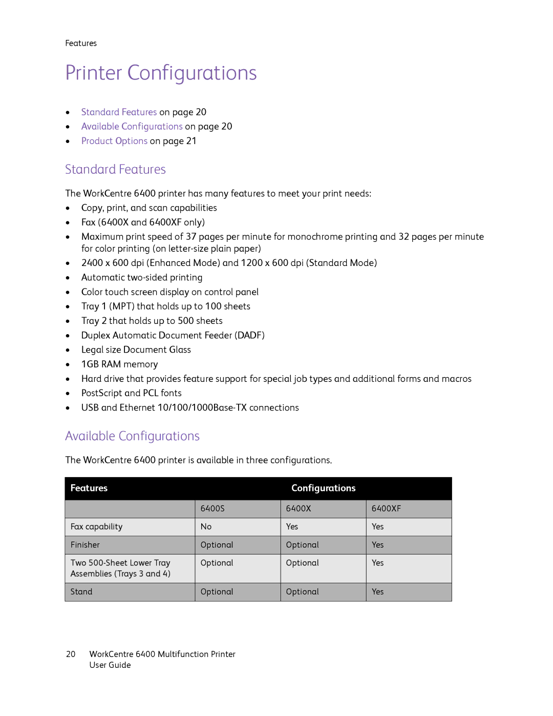 Xerox 6400 manual Printer Configurations, Standard Features, Available Configurations 