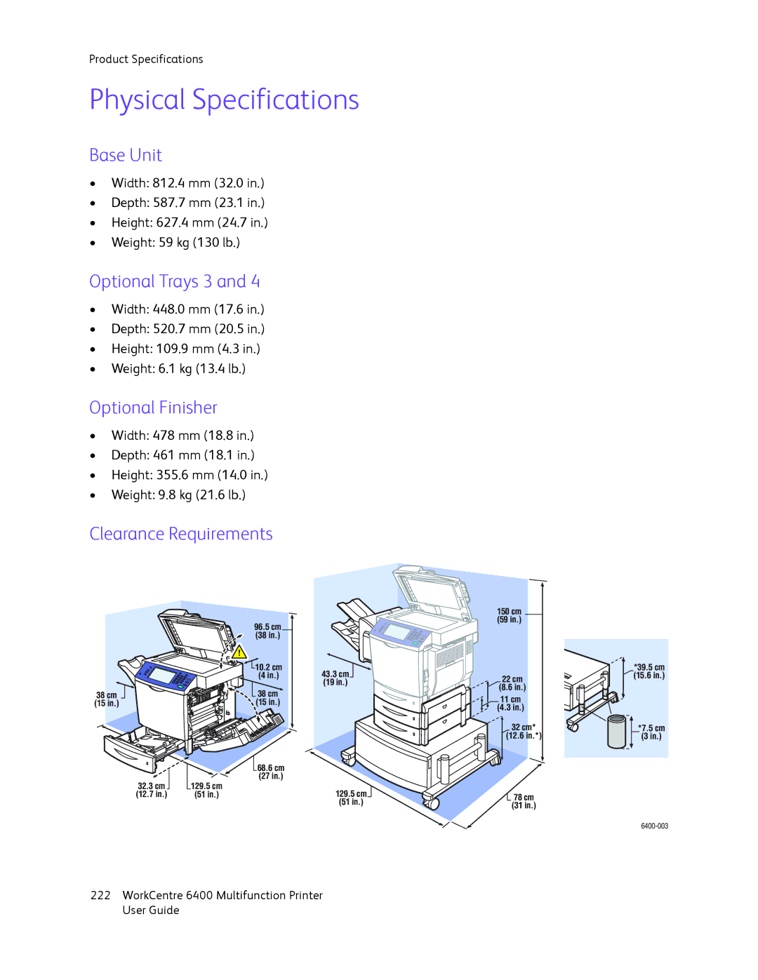 Xerox 6400 manual Physical Specifications, Base Unit, Optional Trays 3, Optional Finisher, Clearance Requirements 