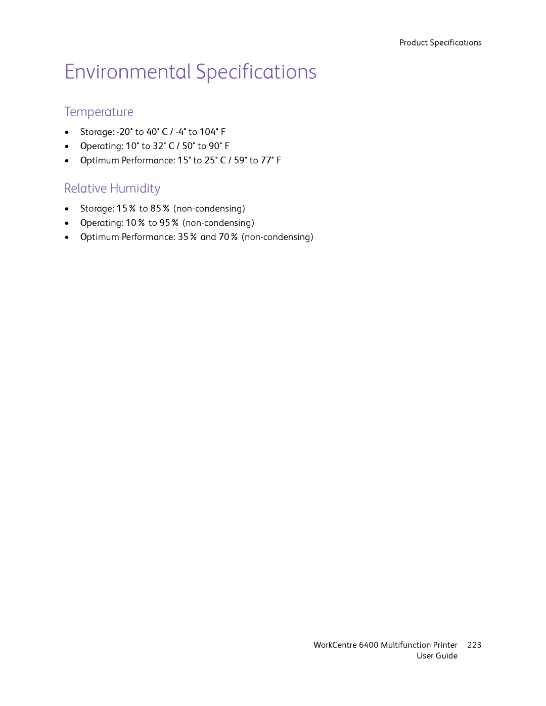 Xerox 6400 manual Environmental Specifications, Temperature, Relative Humidity 