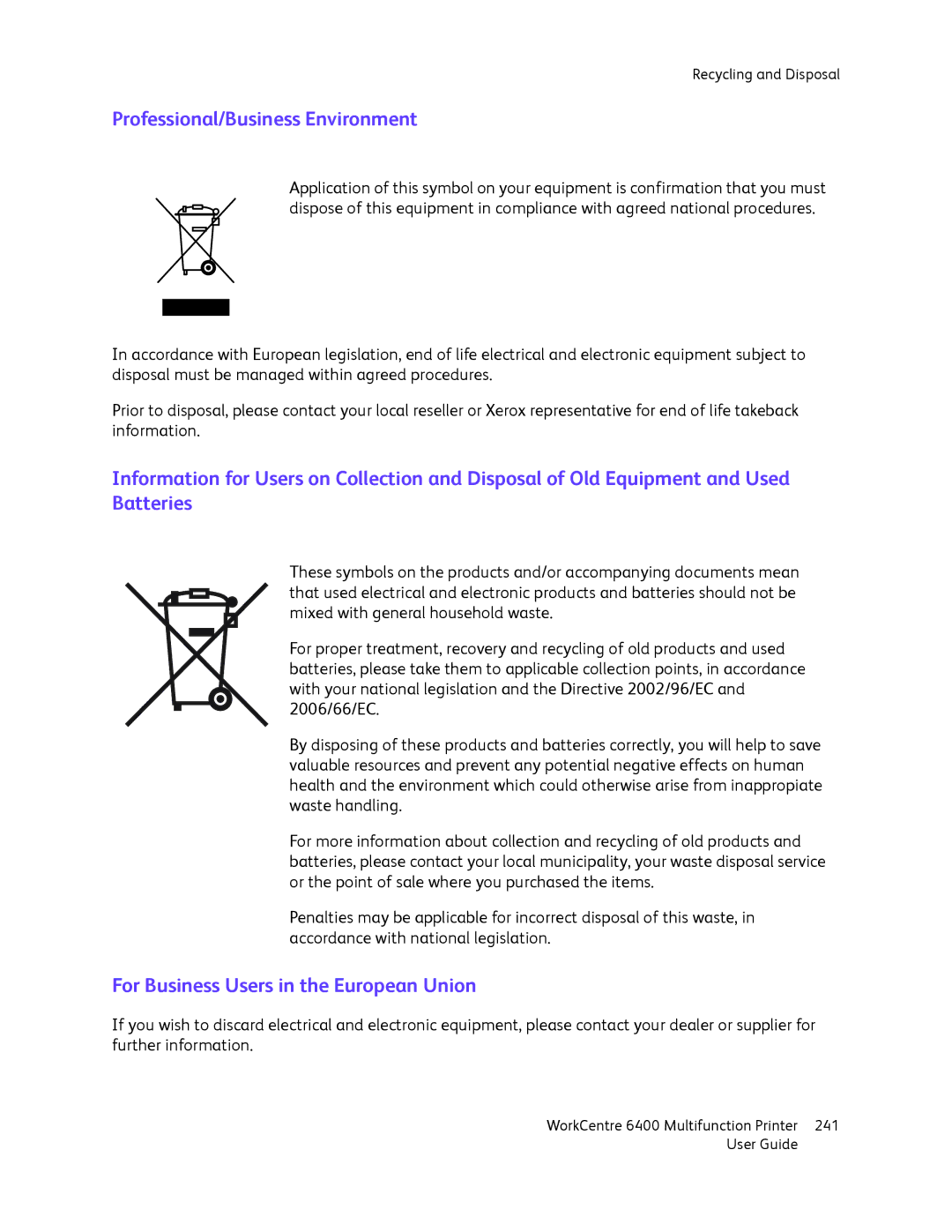 Xerox 6400 manual Professional/Business Environment, For Business Users in the European Union 