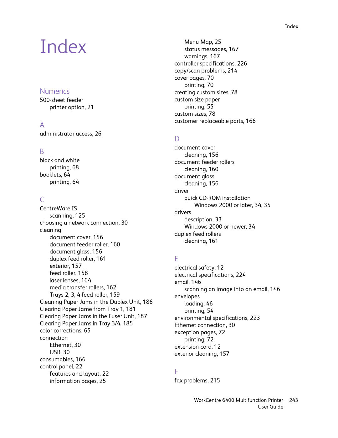 Xerox 6400 manual Index 