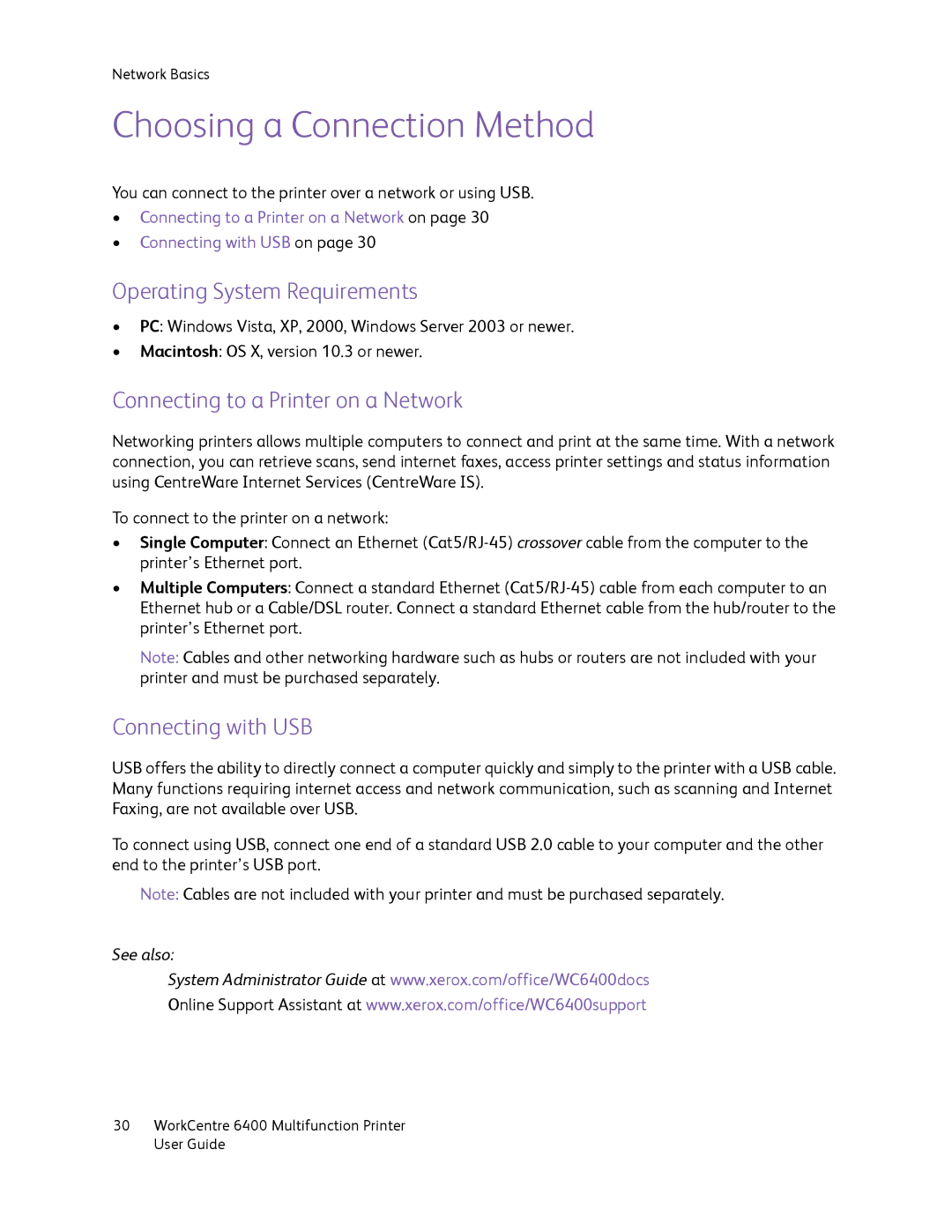 Xerox 6400 manual Choosing a Connection Method, Operating System Requirements, Connecting to a Printer on a Network 