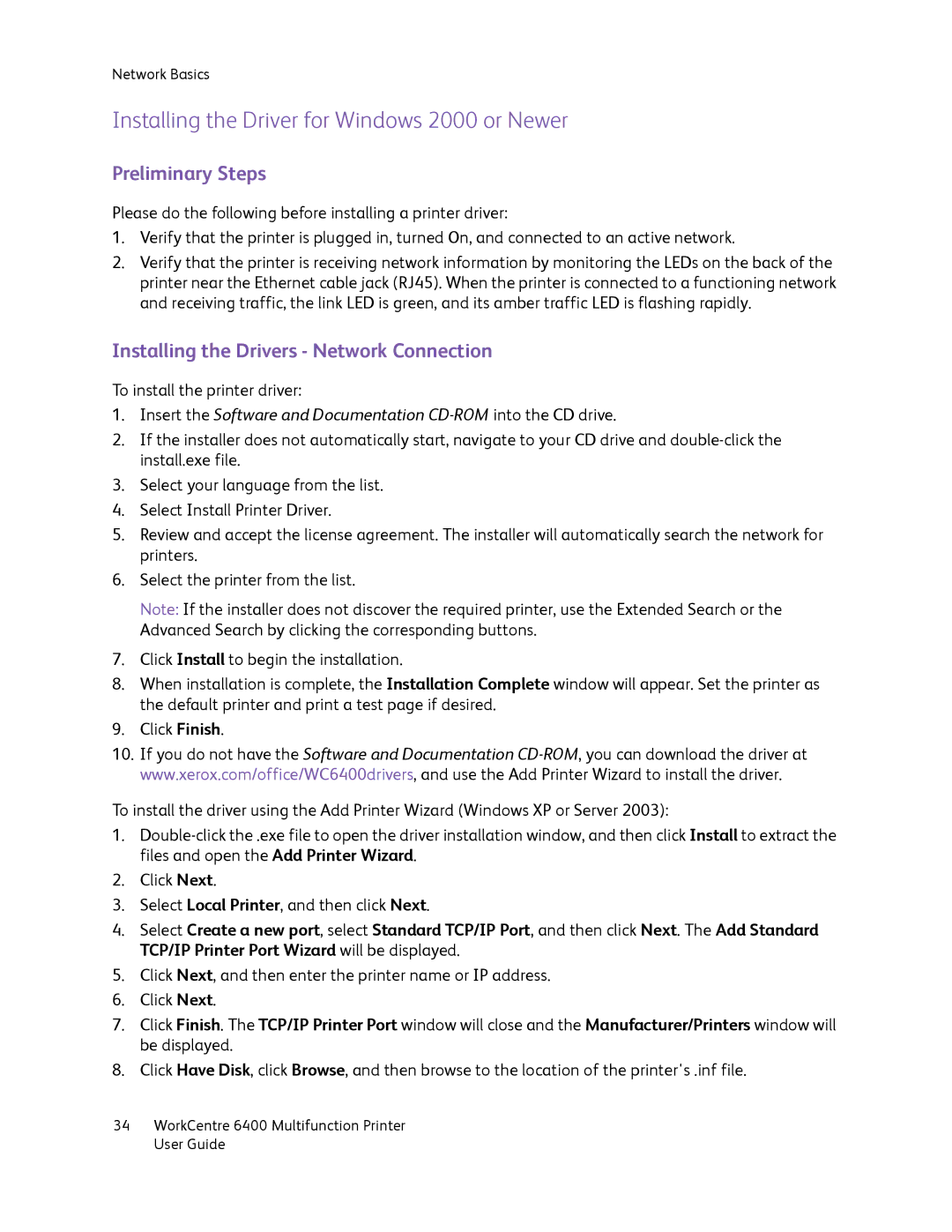 Xerox 6400 Installing the Driver for Windows 2000 or Newer, Preliminary Steps, Installing the Drivers Network Connection 