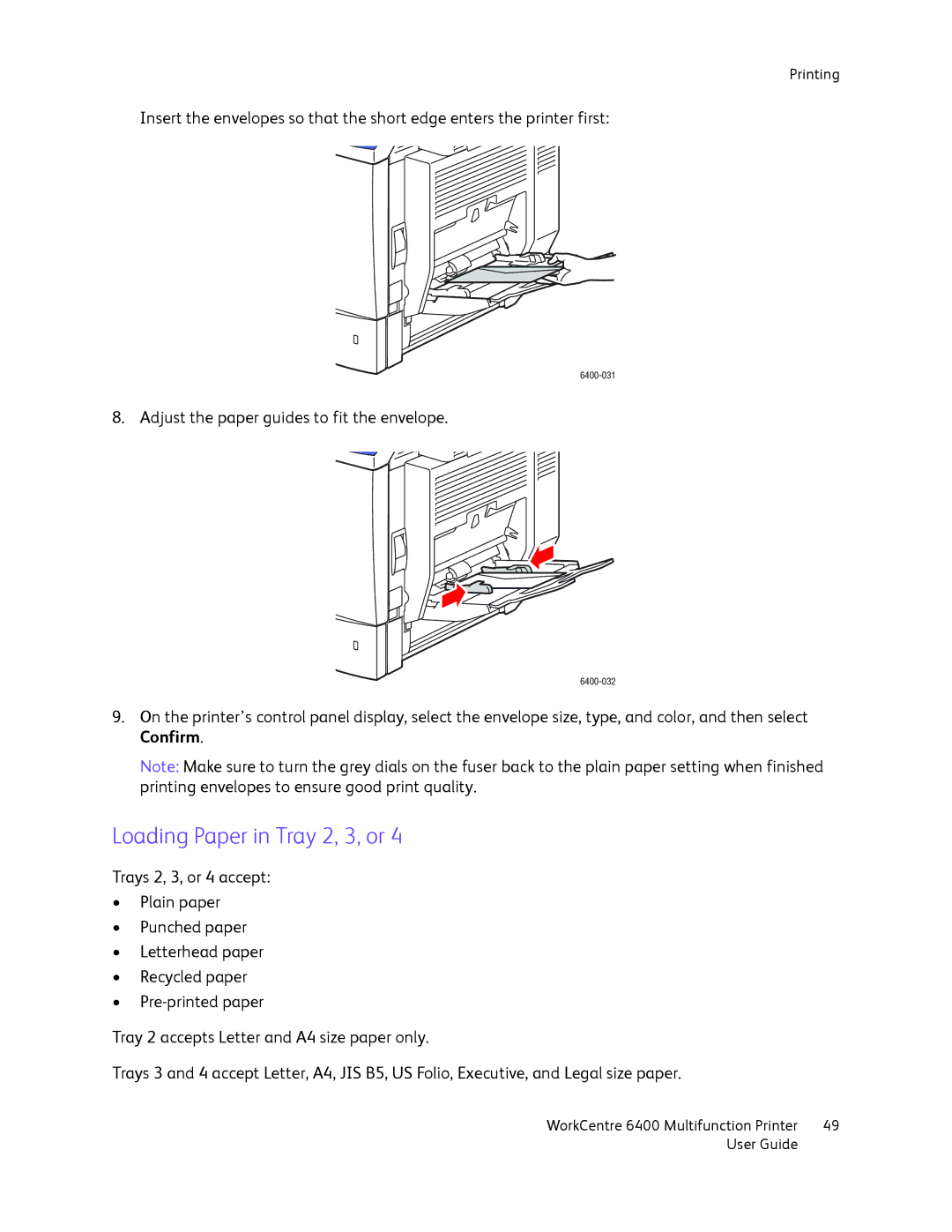 Xerox 6400 manual Loading Paper in Tray 2, 3, or 