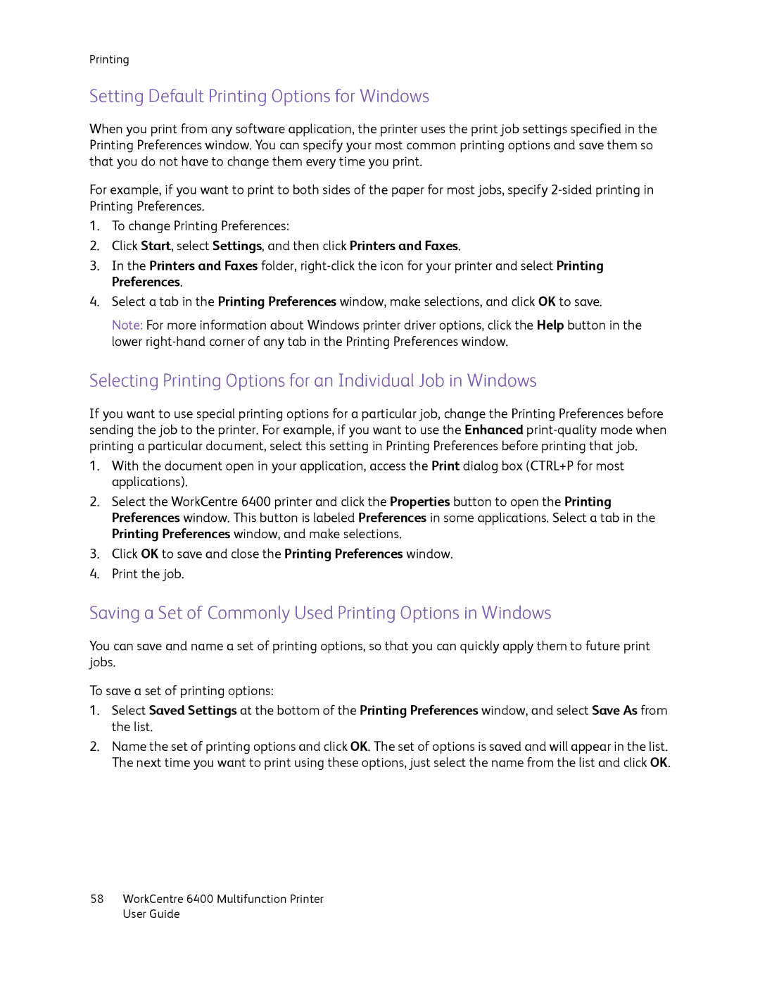 Xerox 6400 manual Setting Default Printing Options for Windows, Selecting Printing Options for an Individual Job in Windows 