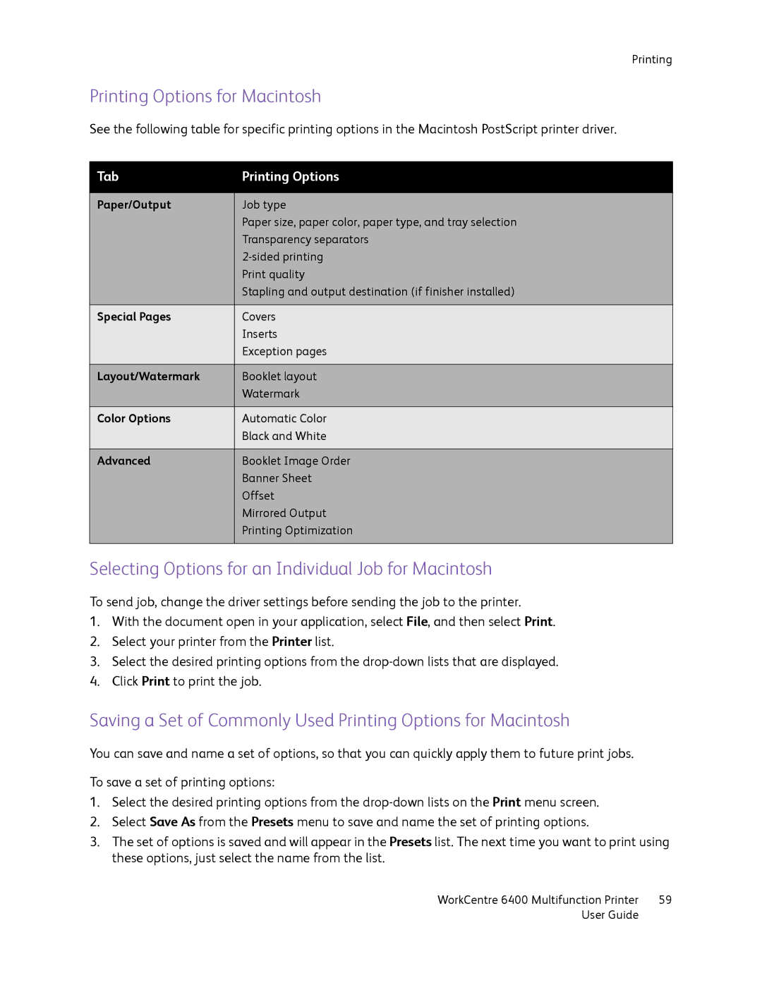 Xerox 6400 manual Printing Options for Macintosh, Selecting Options for an Individual Job for Macintosh 