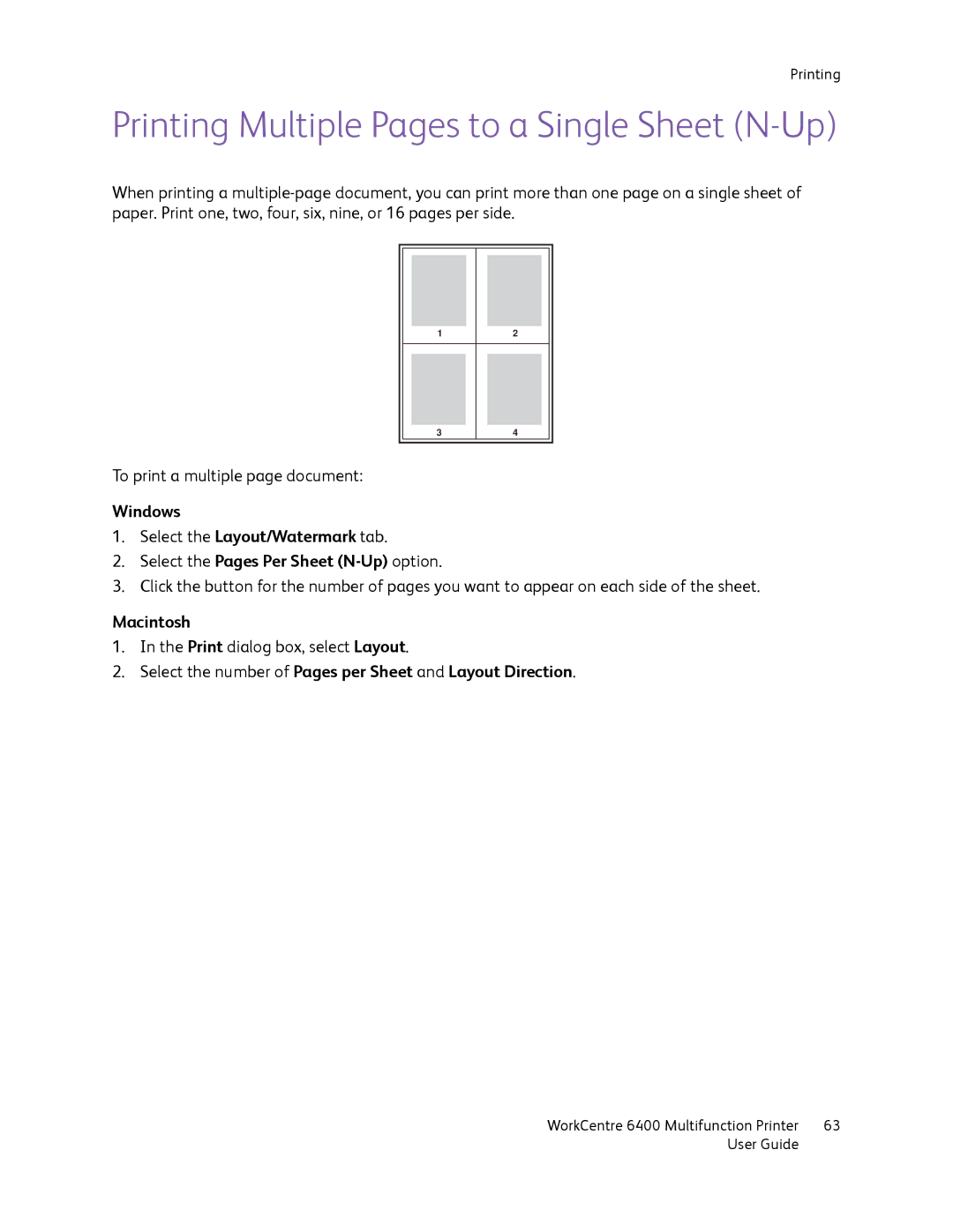 Xerox 6400 manual Printing Multiple Pages to a Single Sheet N-Up, Select the number of Pages per Sheet and Layout Direction 