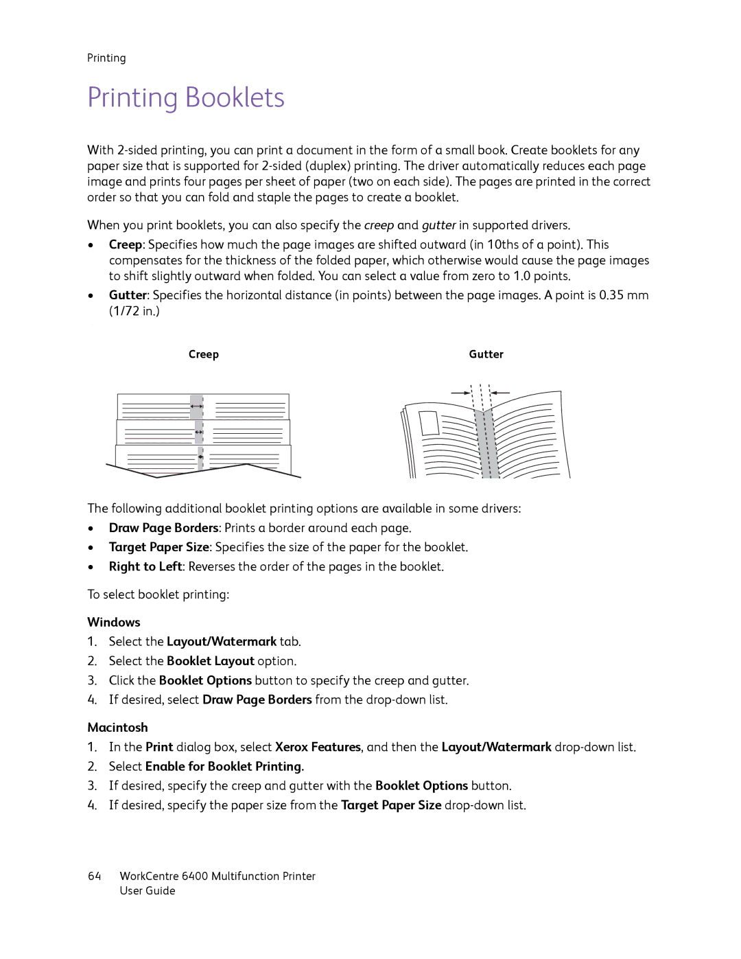 Xerox 6400 manual Printing Booklets, Windows Select the Layout/Watermark tab, Select Enable for Booklet Printing 