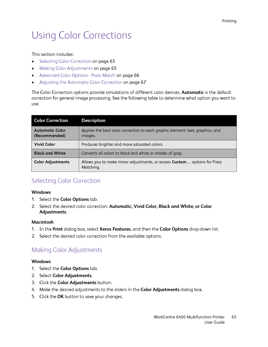 Xerox 6400 manual Using Color Corrections, Selecting Color Correction, Making Color Adjustments 