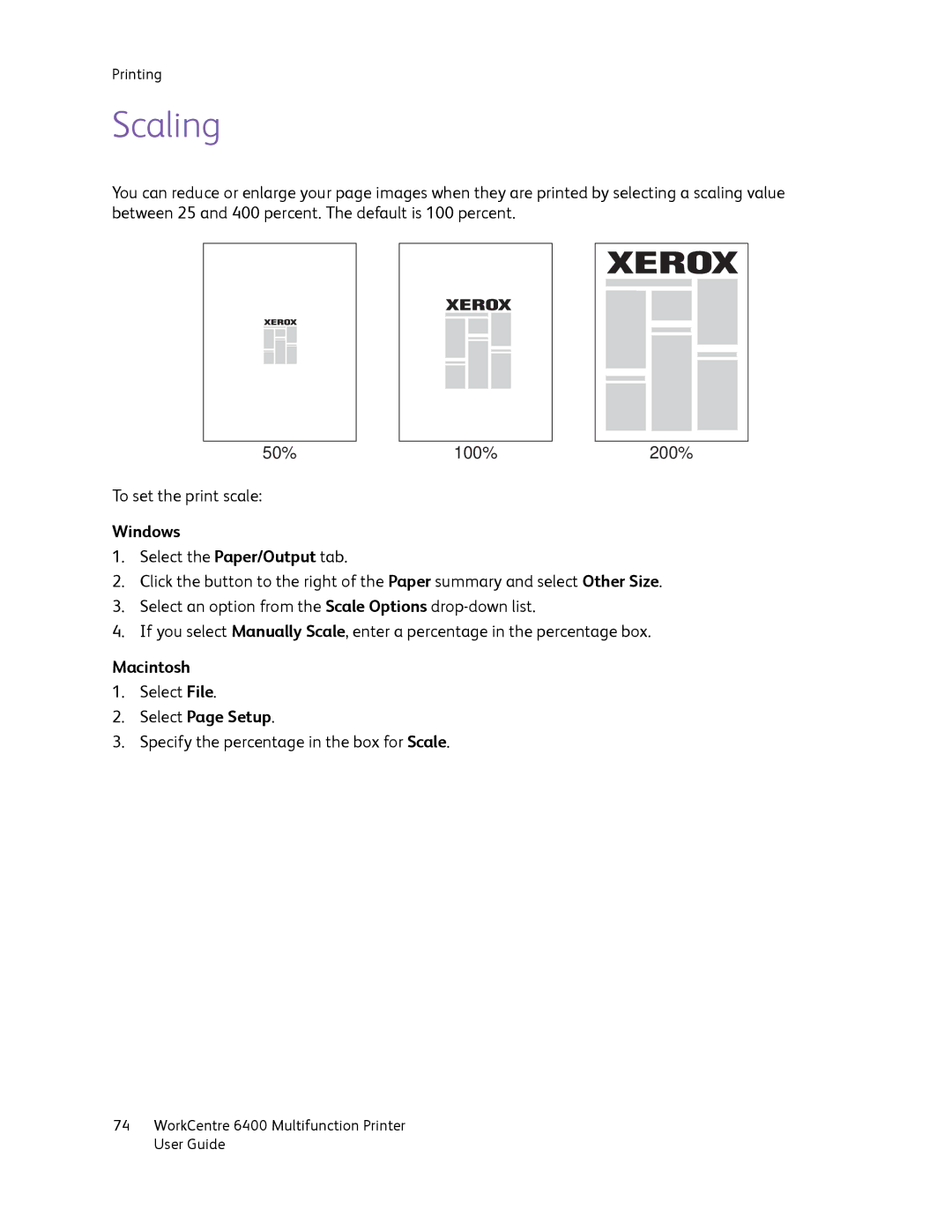 Xerox 6400 manual Scaling, Select Page Setup 