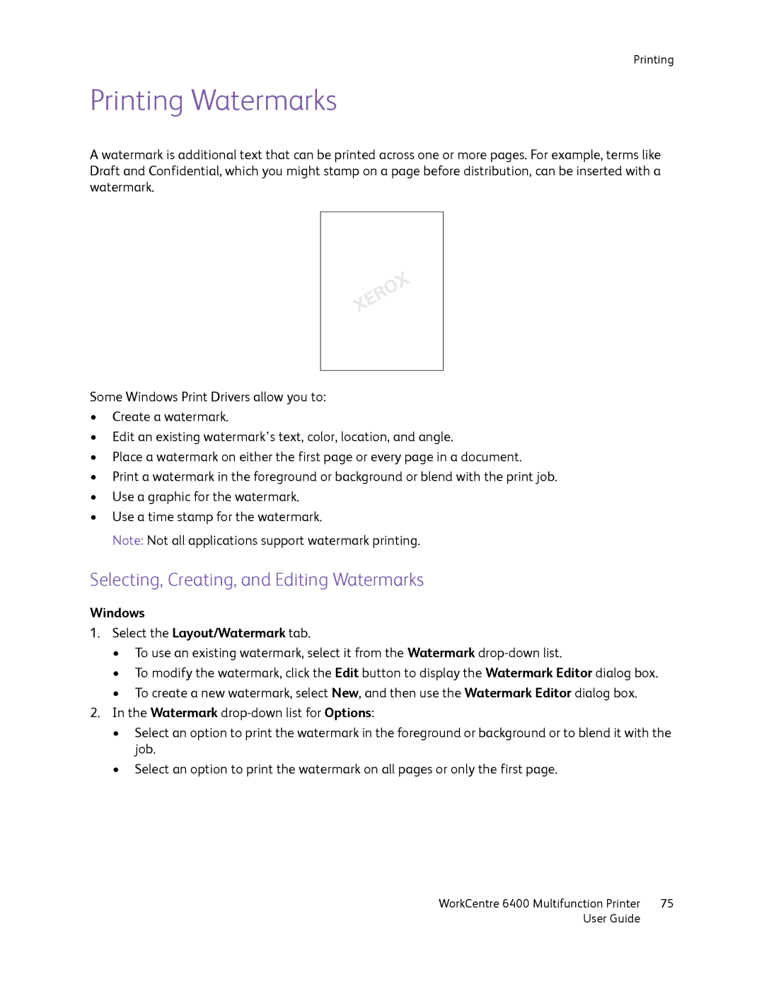 Xerox 6400 manual Printing Watermarks, Selecting, Creating, and Editing Watermarks 