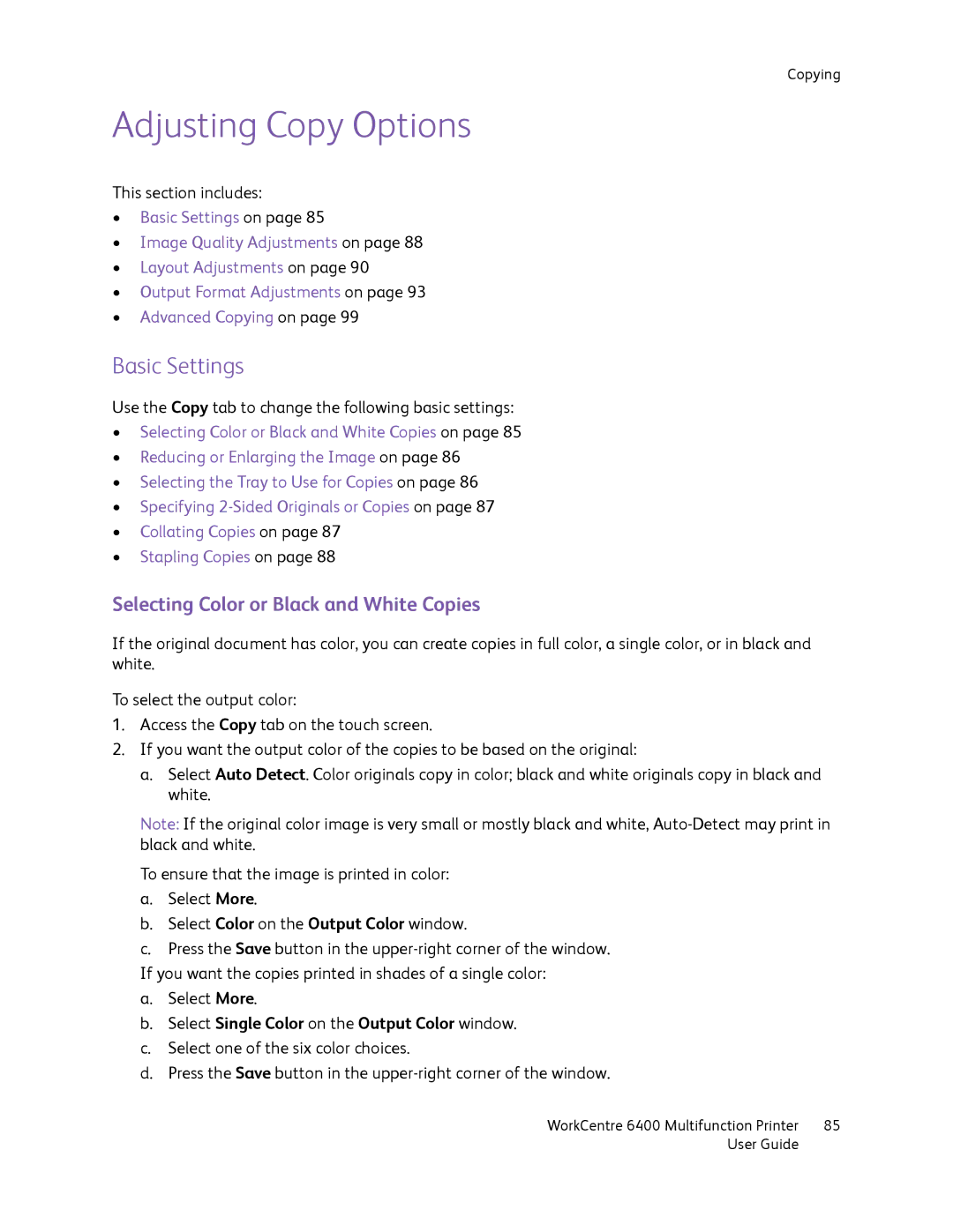 Xerox 6400 manual Adjusting Copy Options, Basic Settings, Selecting Color or Black and White Copies 