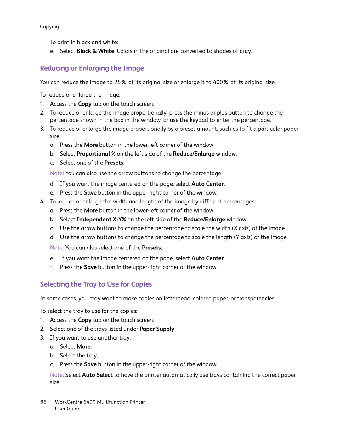 Xerox 6400 manual Reducing or Enlarging the Image, Selecting the Tray to Use for Copies 