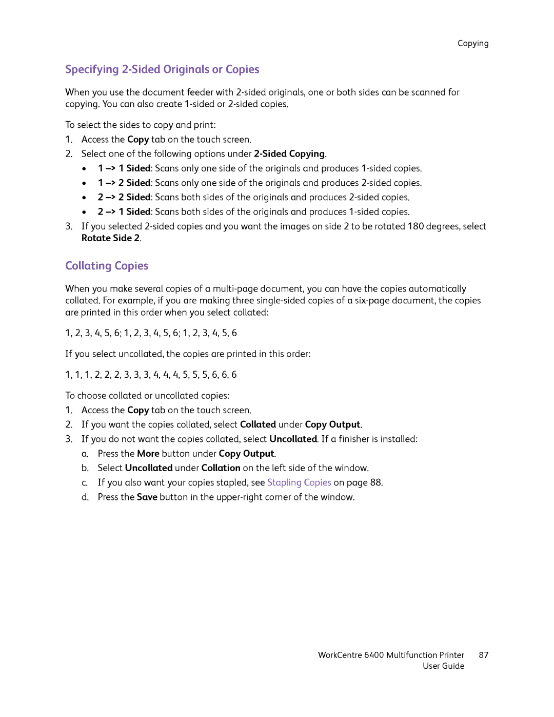 Xerox 6400 manual Specifying 2-Sided Originals or Copies, Collating Copies 