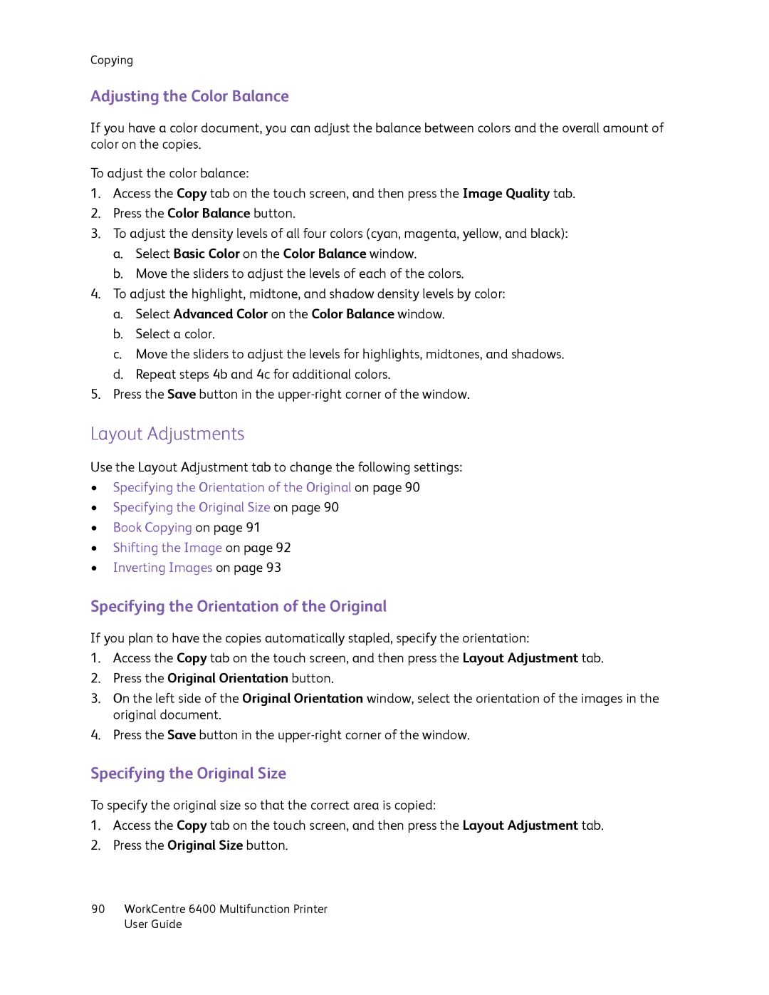 Xerox 6400 manual Layout Adjustments, Adjusting the Color Balance, Specifying the Orientation of the Original 