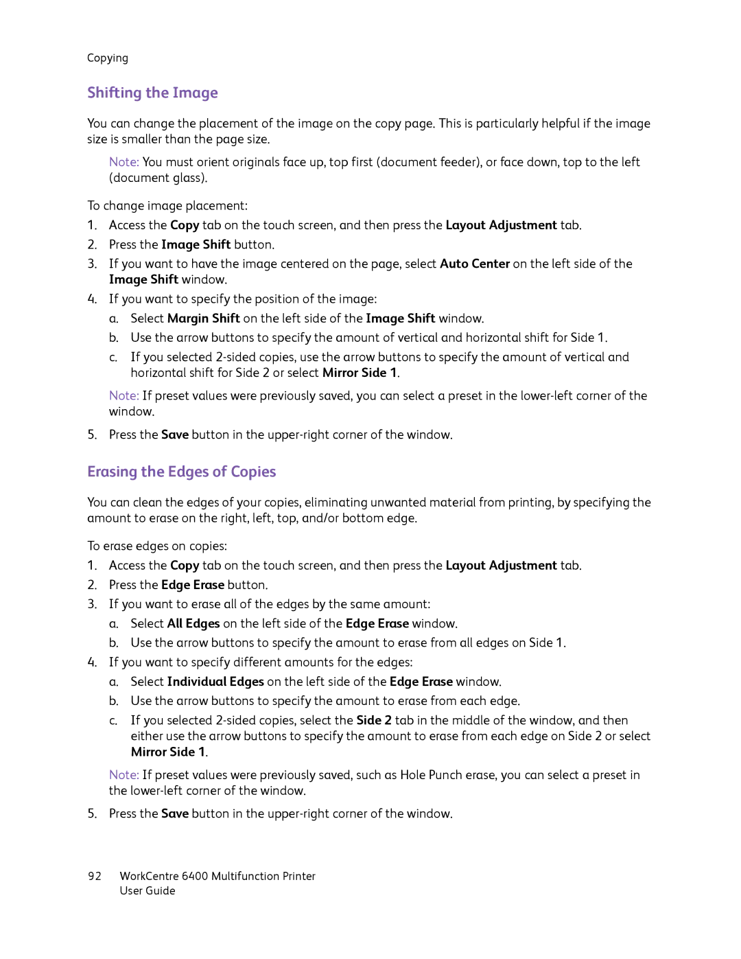 Xerox 6400 manual Shifting the Image, Erasing the Edges of Copies 