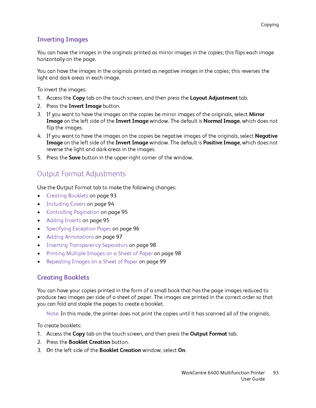 Xerox 6400 manual Output Format Adjustments, Inverting Images, Creating Booklets 