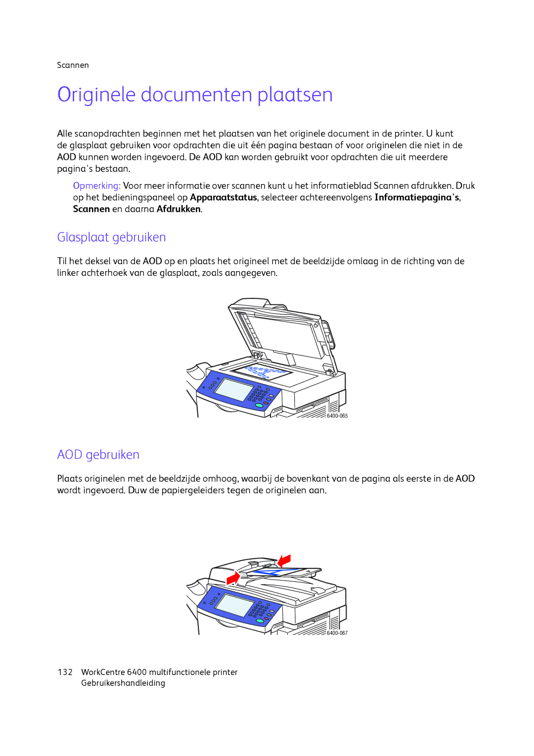 Xerox 6400 manual Originele documenten plaatsen, Glasplaat gebruiken, AOD gebruiken 