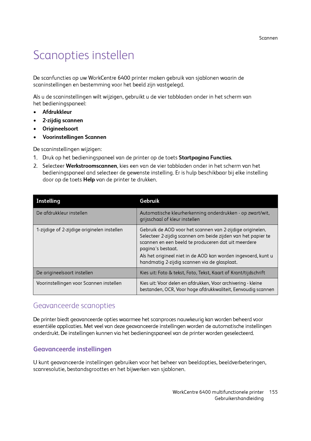 Xerox 6400 manual Scanopties instellen, Geavanceerde scanopties, Geavanceerde instellingen 