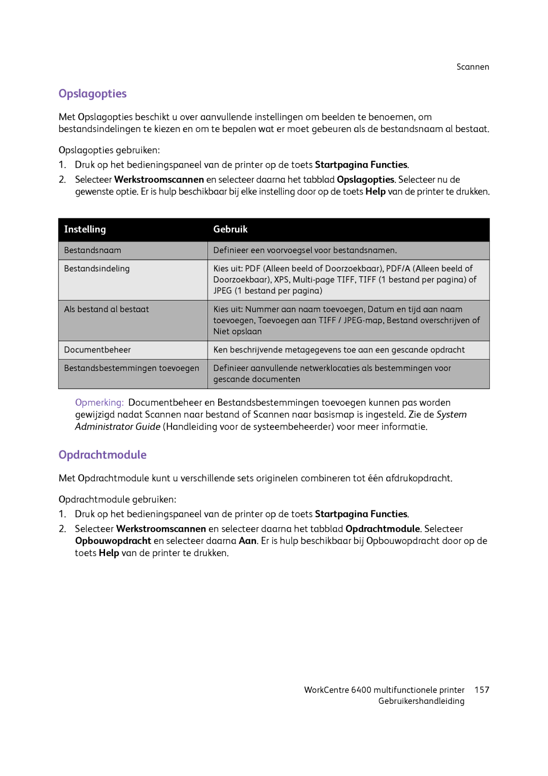 Xerox 6400 manual Opslagopties, Opdrachtmodule 