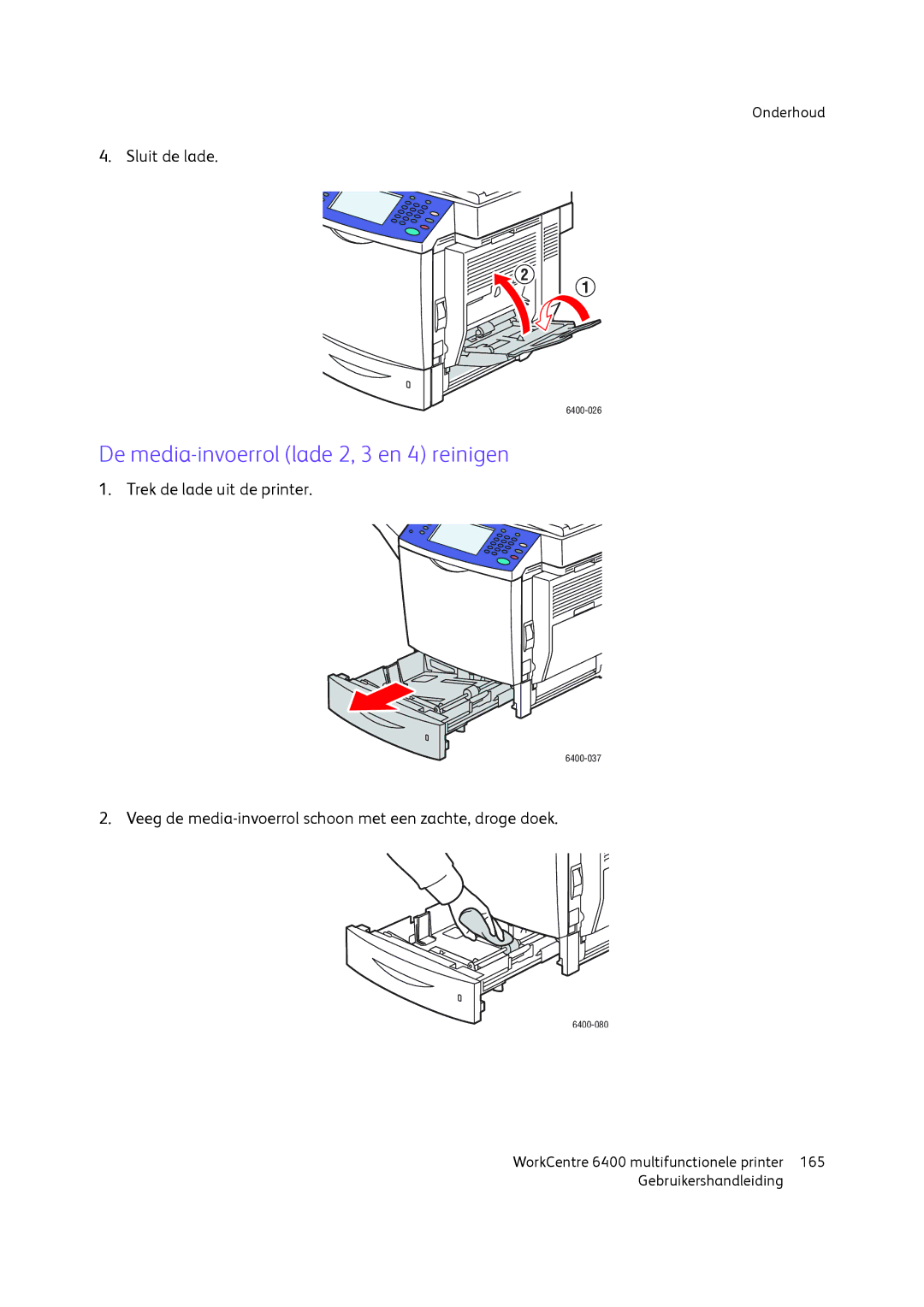 Xerox 6400 manual De media-invoerrol lade 2, 3 en 4 reinigen 