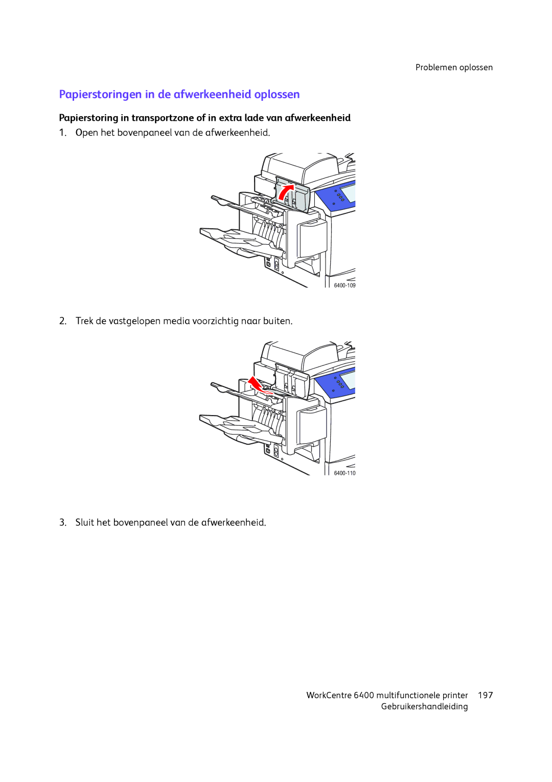 Xerox 6400 manual Papierstoringen in de afwerkeenheid oplossen 