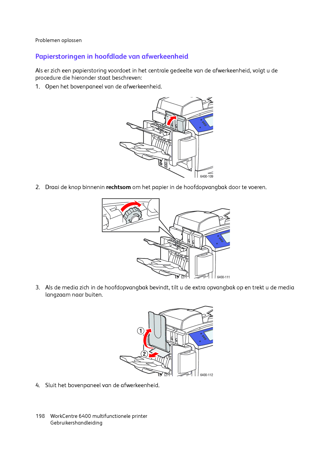 Xerox 6400 manual Papierstoringen in hoofdlade van afwerkeenheid 