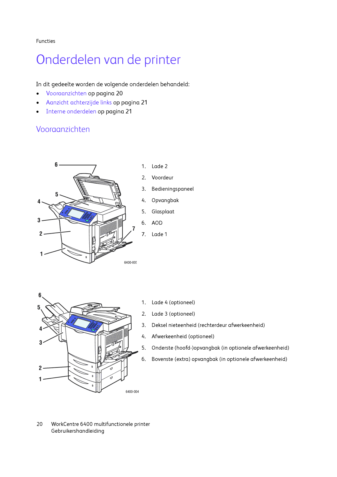 Xerox 6400 manual Onderdelen van de printer, Vooraanzichten 