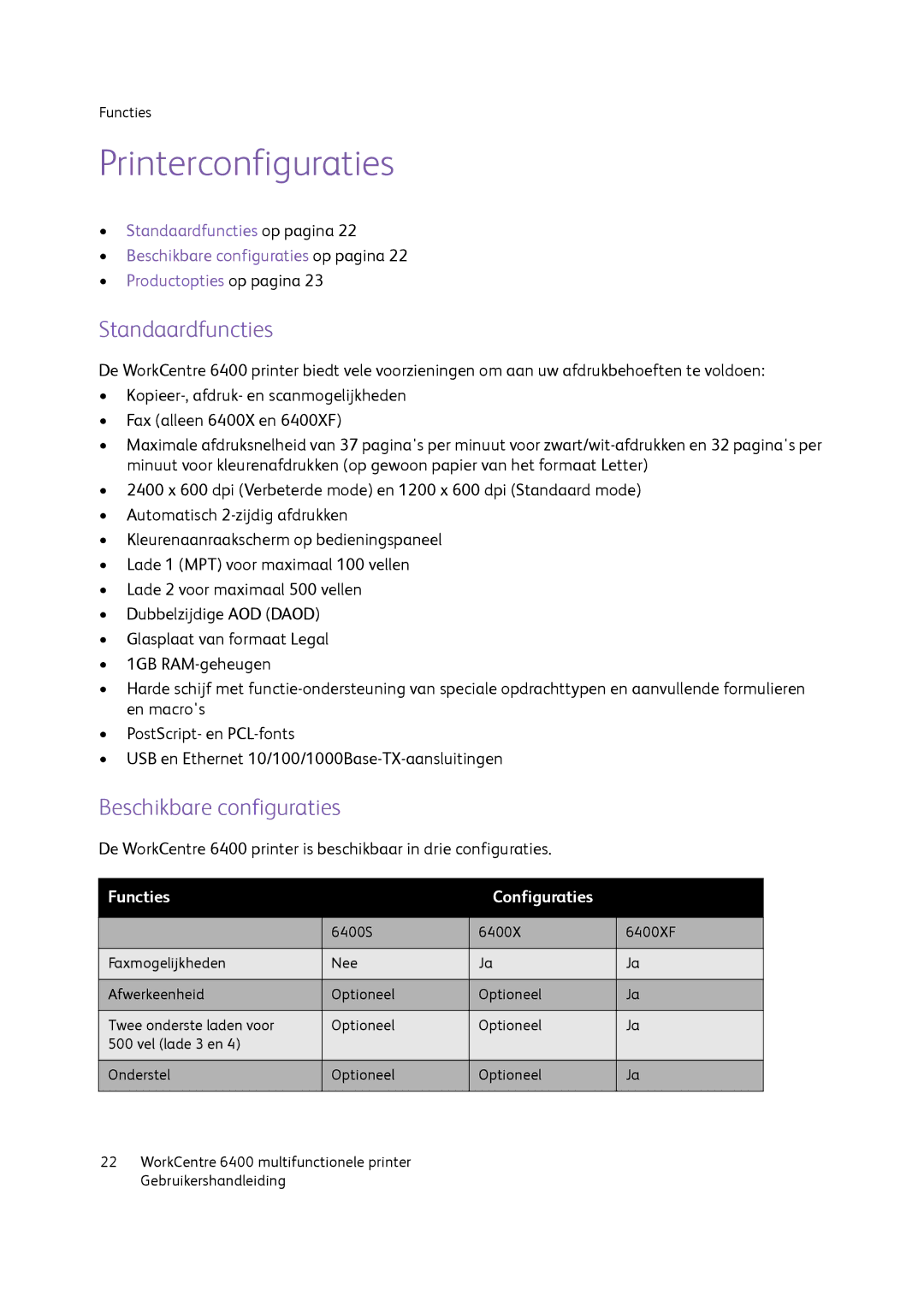 Xerox 6400 manual Printerconfiguraties, Standaardfuncties, Beschikbare configuraties 