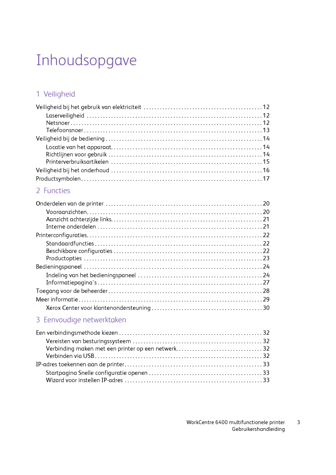 Xerox 6400 manual Inhoudsopgave 