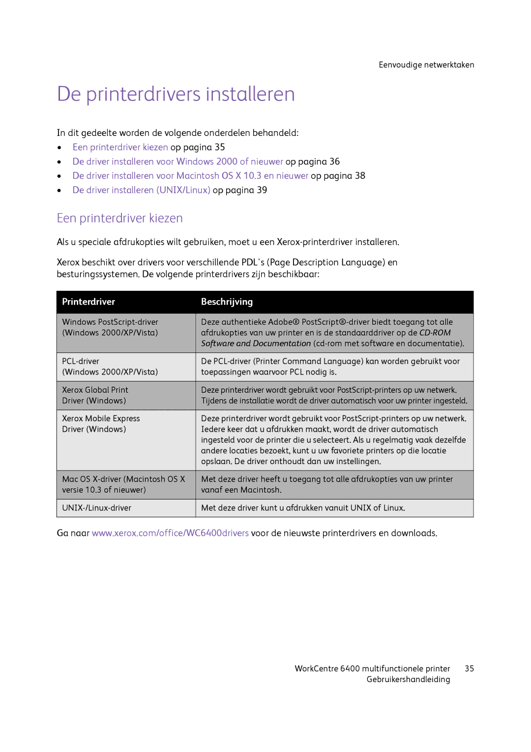 Xerox 6400 manual De printerdrivers installeren, Een printerdriver kiezen 