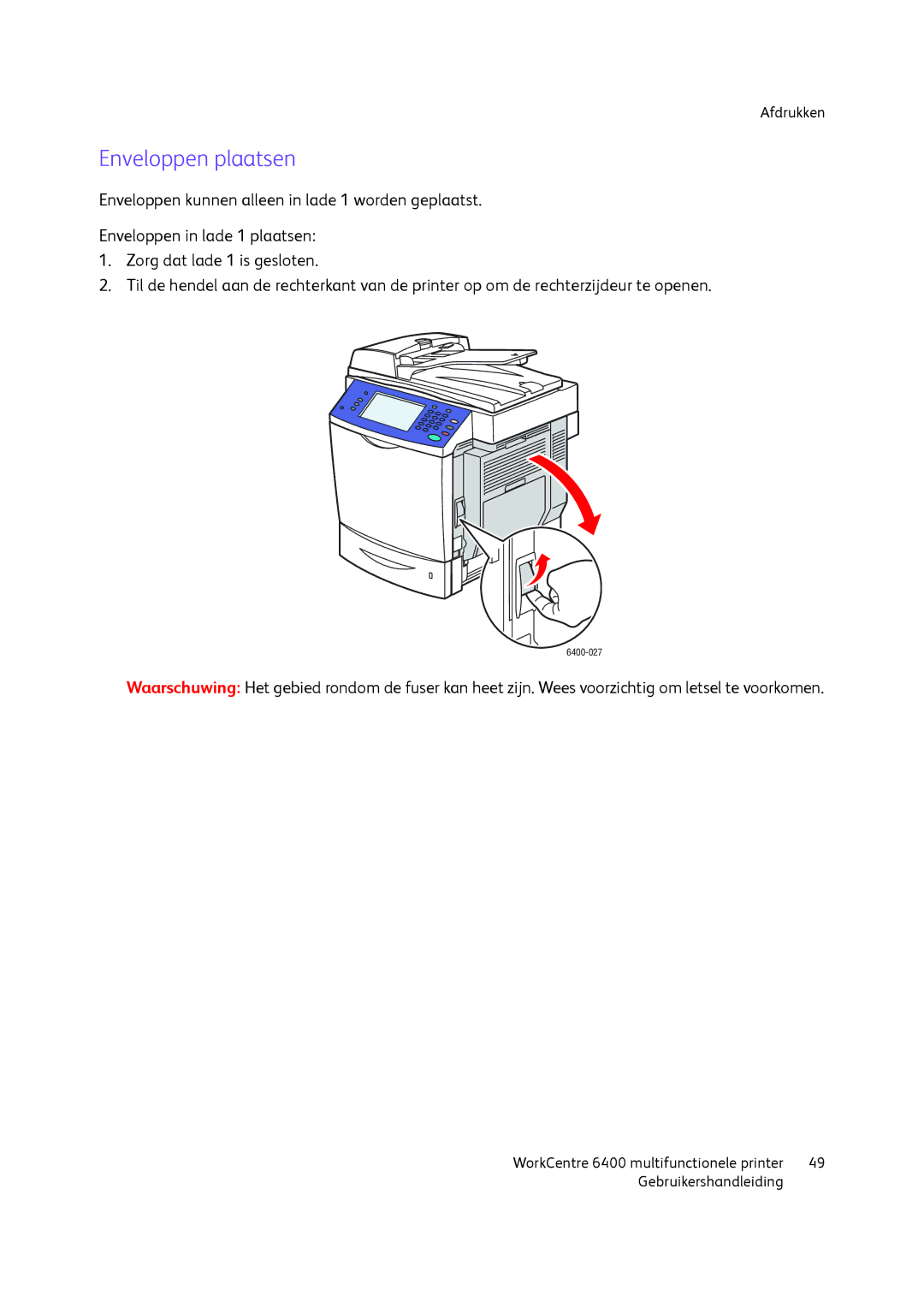 Xerox 6400 manual Enveloppen plaatsen 