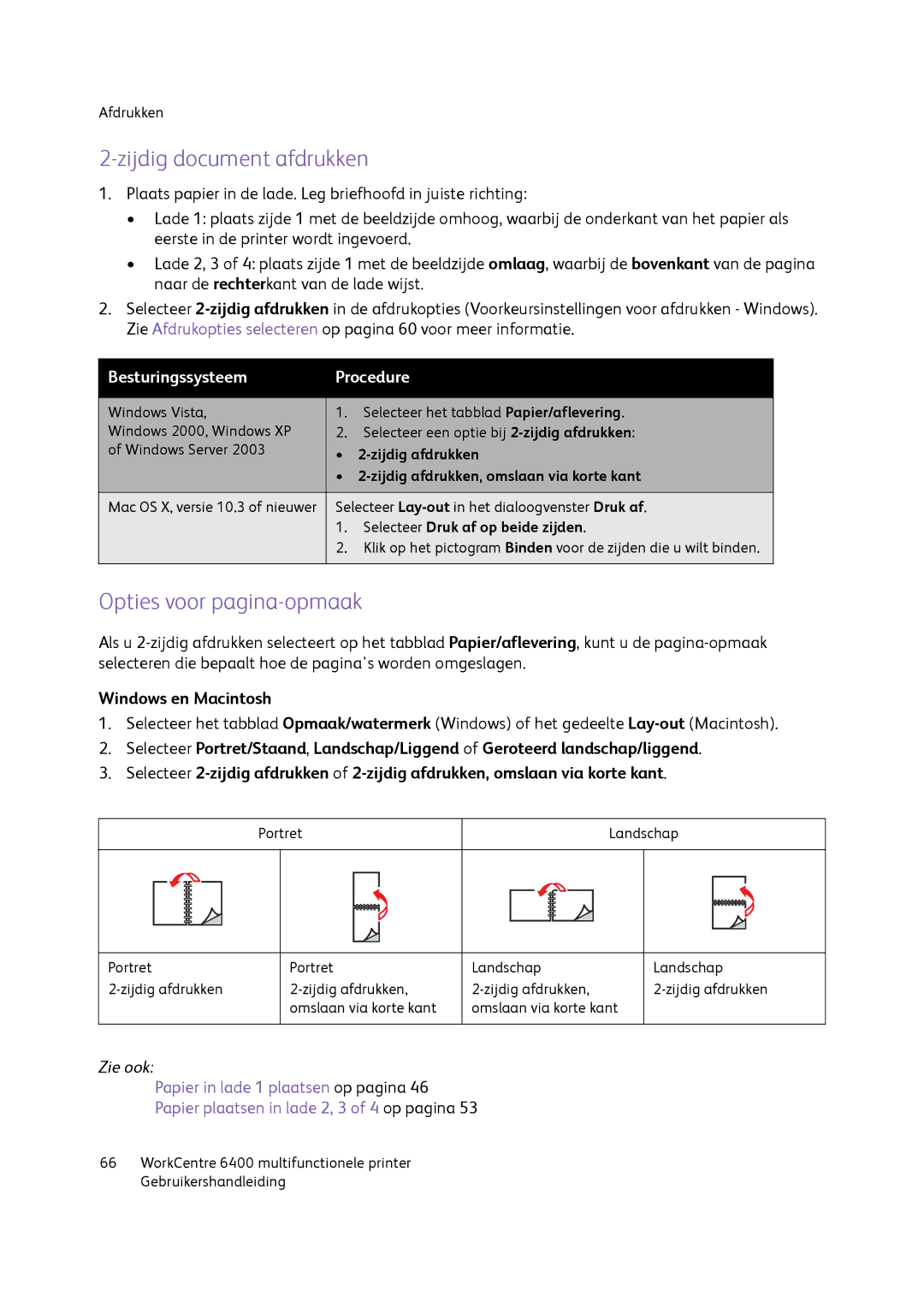 Xerox 6400 manual Zijdig document afdrukken, Opties voor pagina-opmaak, Windows en Macintosh 