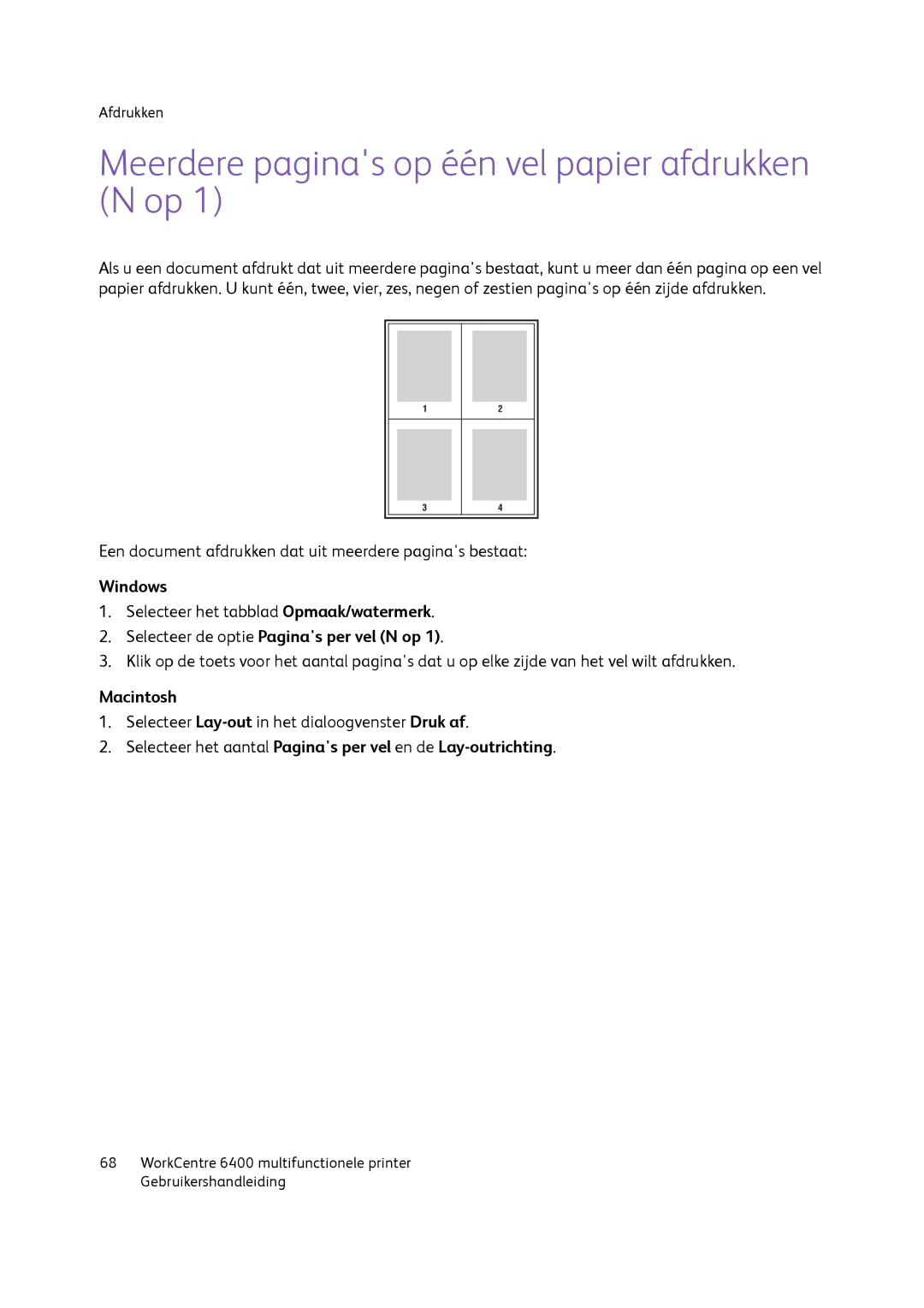 Xerox 6400 manual Meerdere paginas op één vel papier afdrukken N op, Selecteer de optie Paginas per vel N op 