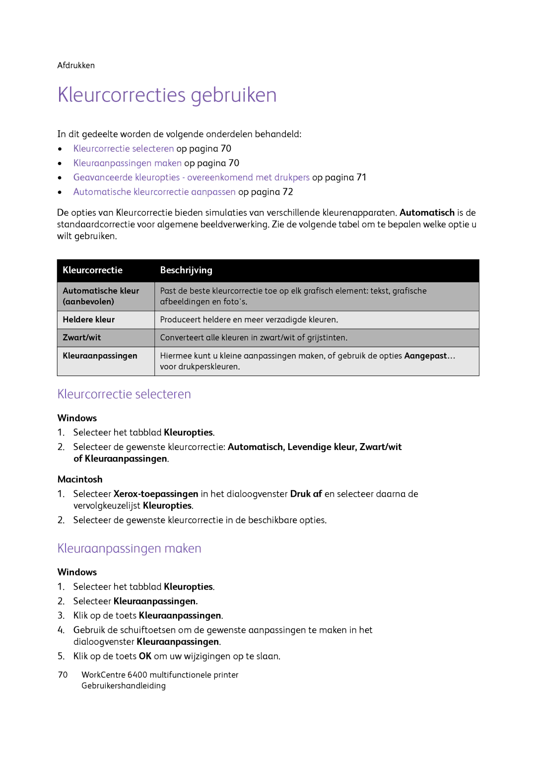 Xerox 6400 Kleurcorrecties gebruiken, Kleurcorrectie selecteren, Kleuraanpassingen maken, Selecteer Kleuraanpassingen 