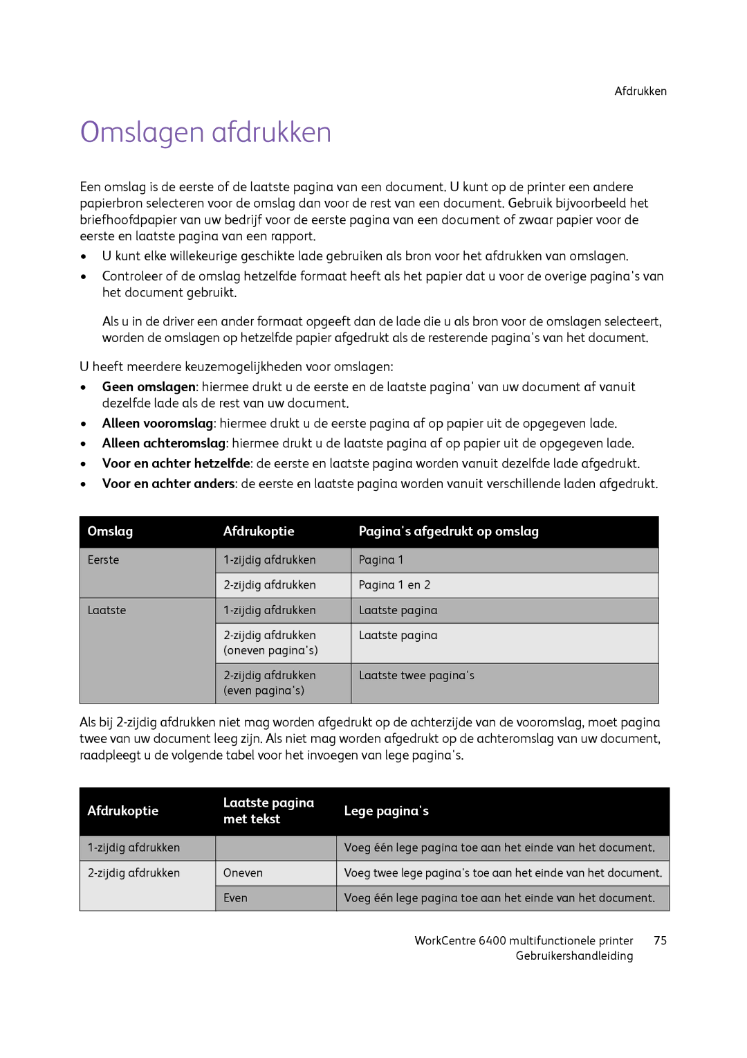 Xerox 6400 manual Omslagen afdrukken, Omslag Afdrukoptie Paginas afgedrukt op omslag 