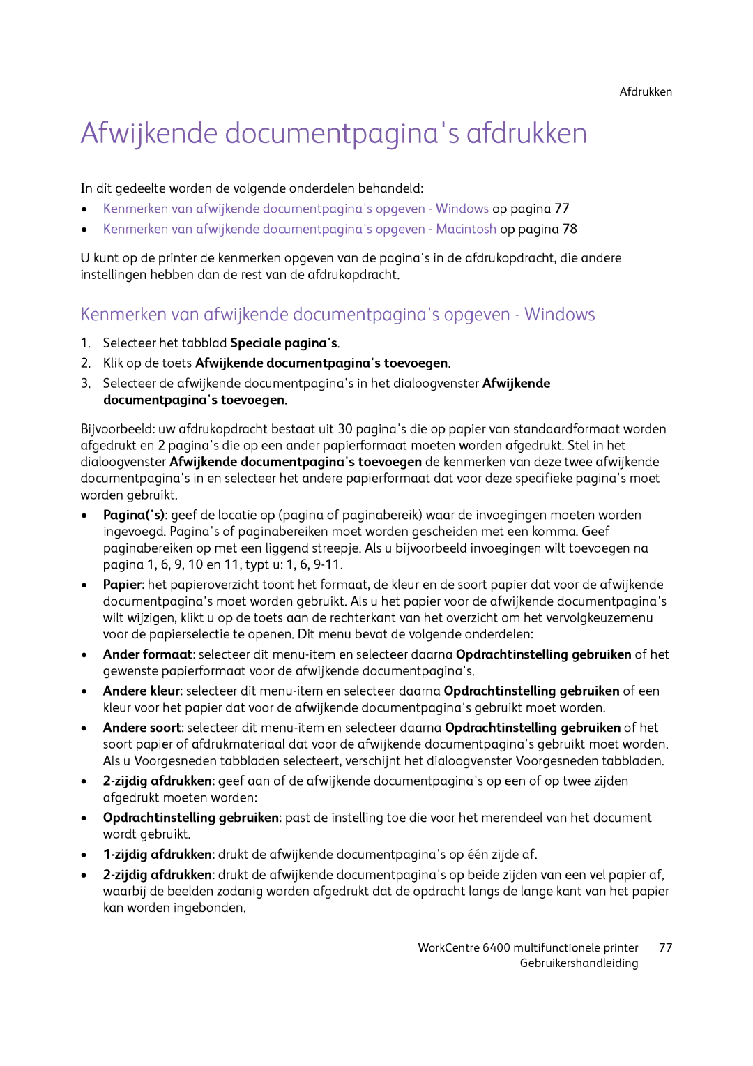 Xerox 6400 manual Afwijkende documentpaginas afdrukken, Kenmerken van afwijkende documentpaginas opgeven Windows 