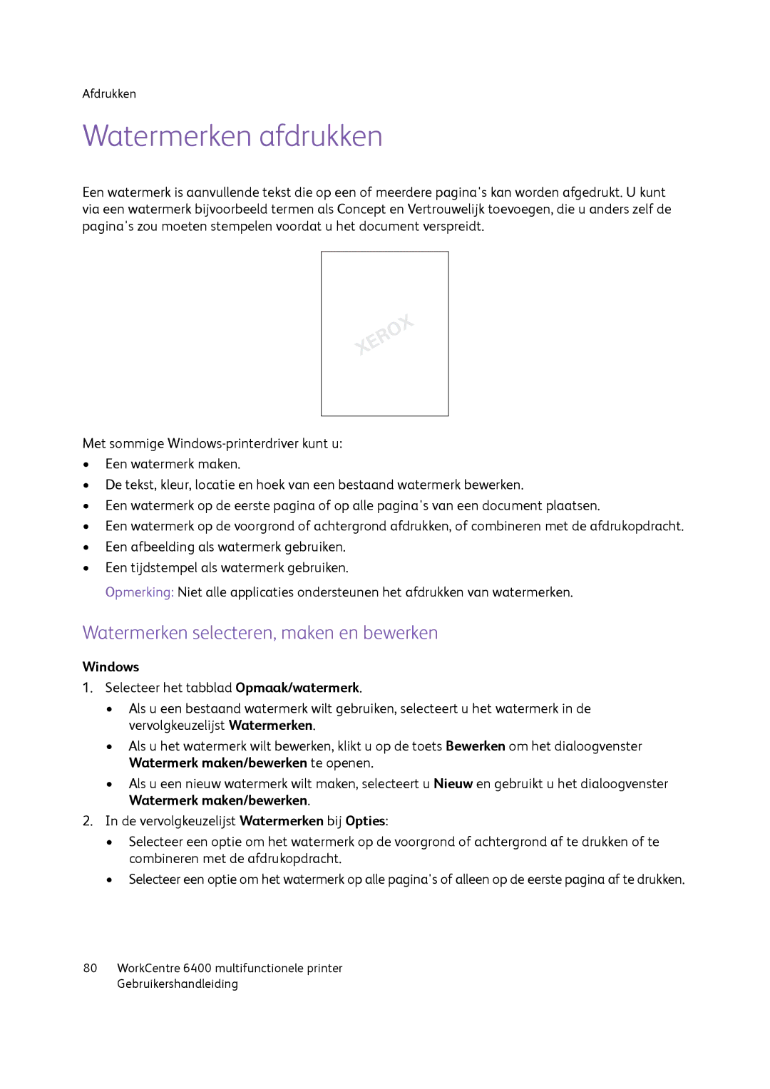 Xerox 6400 manual Watermerken afdrukken, Watermerken selecteren, maken en bewerken 