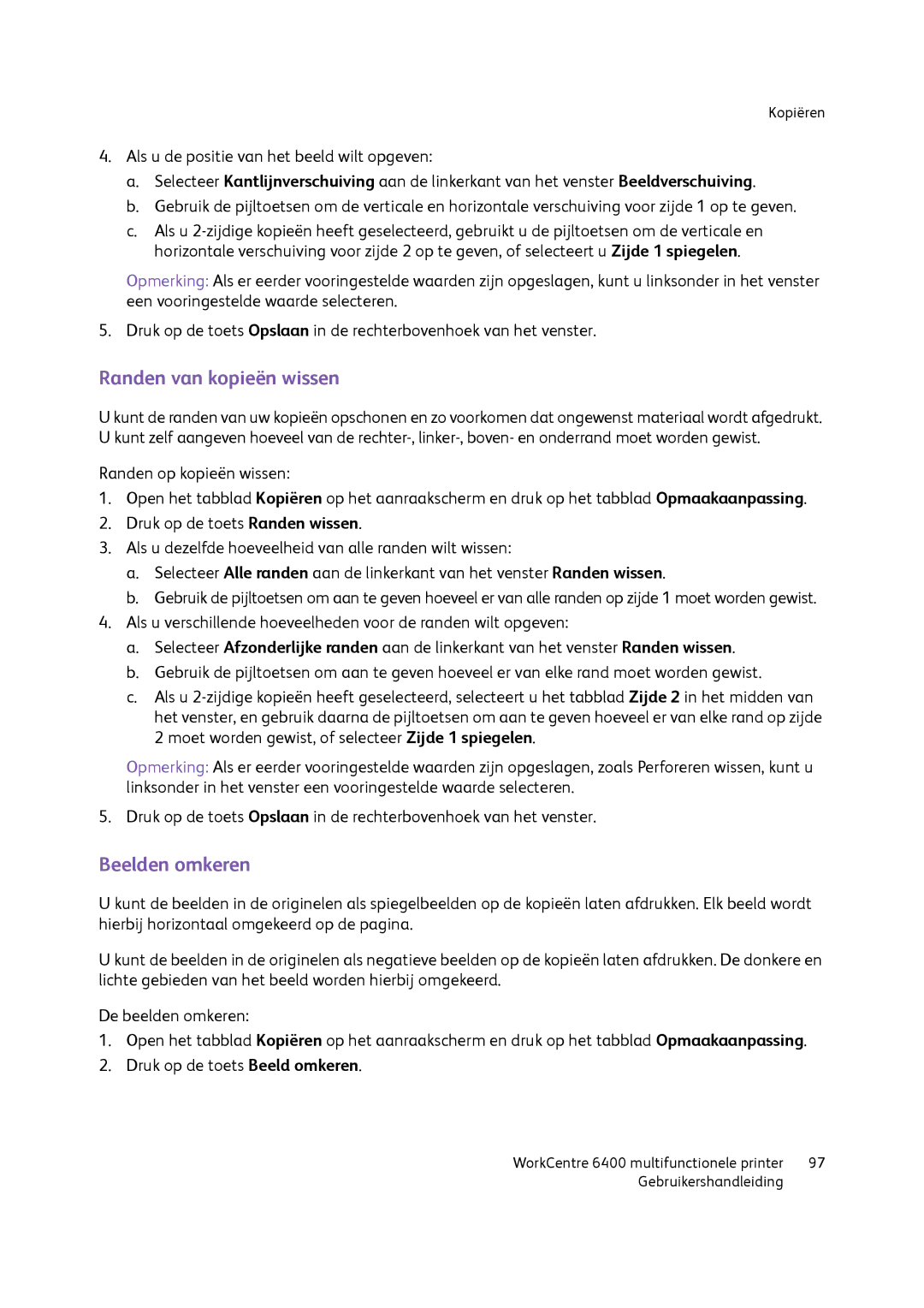 Xerox 6400 manual Randen van kopieën wissen, Beelden omkeren 