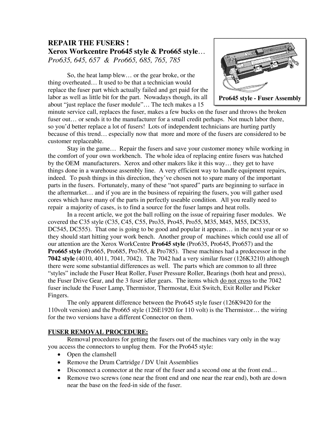 Xerox 645 manual Repair the Fusers, Fuser Removal Procedure 