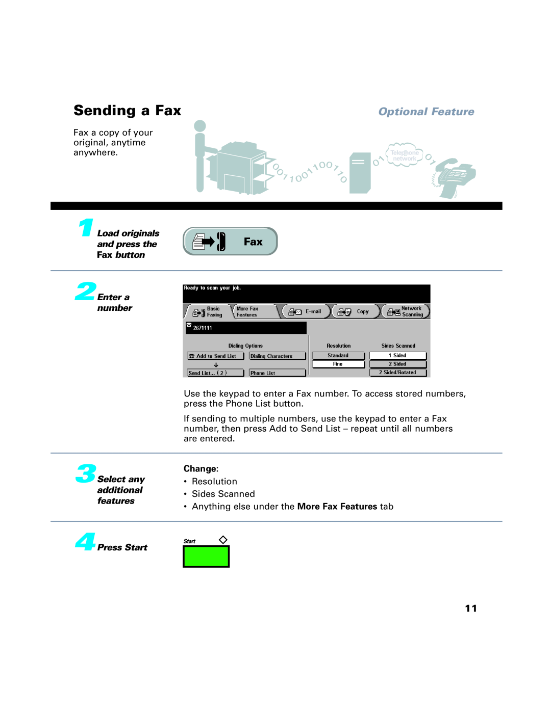 Xerox C65, C75, C90, 65, 75, 90 manual Sending a Fax, Change, Optional Feature 