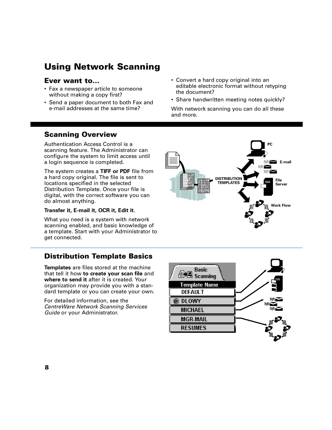 Xerox 65, 75, 90, C65, C75, C90 manual Using Network Scanning, Transfer it, E-mail it, OCR it, Edit it 