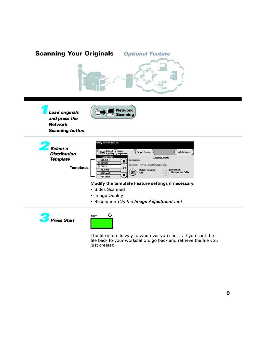 Xerox C65, C75, C90, 65, 75, 90 manual Network Scanning button, Modify the template Feature settings if necessary 