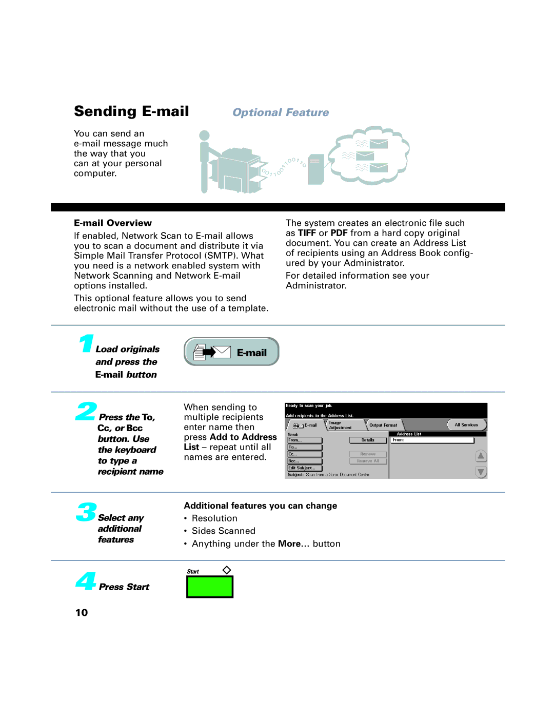 Xerox 65, 75, 90, C65, C75, C90 manual Sending E-mail, Mail Overview, Mail button, Additional features you can change 