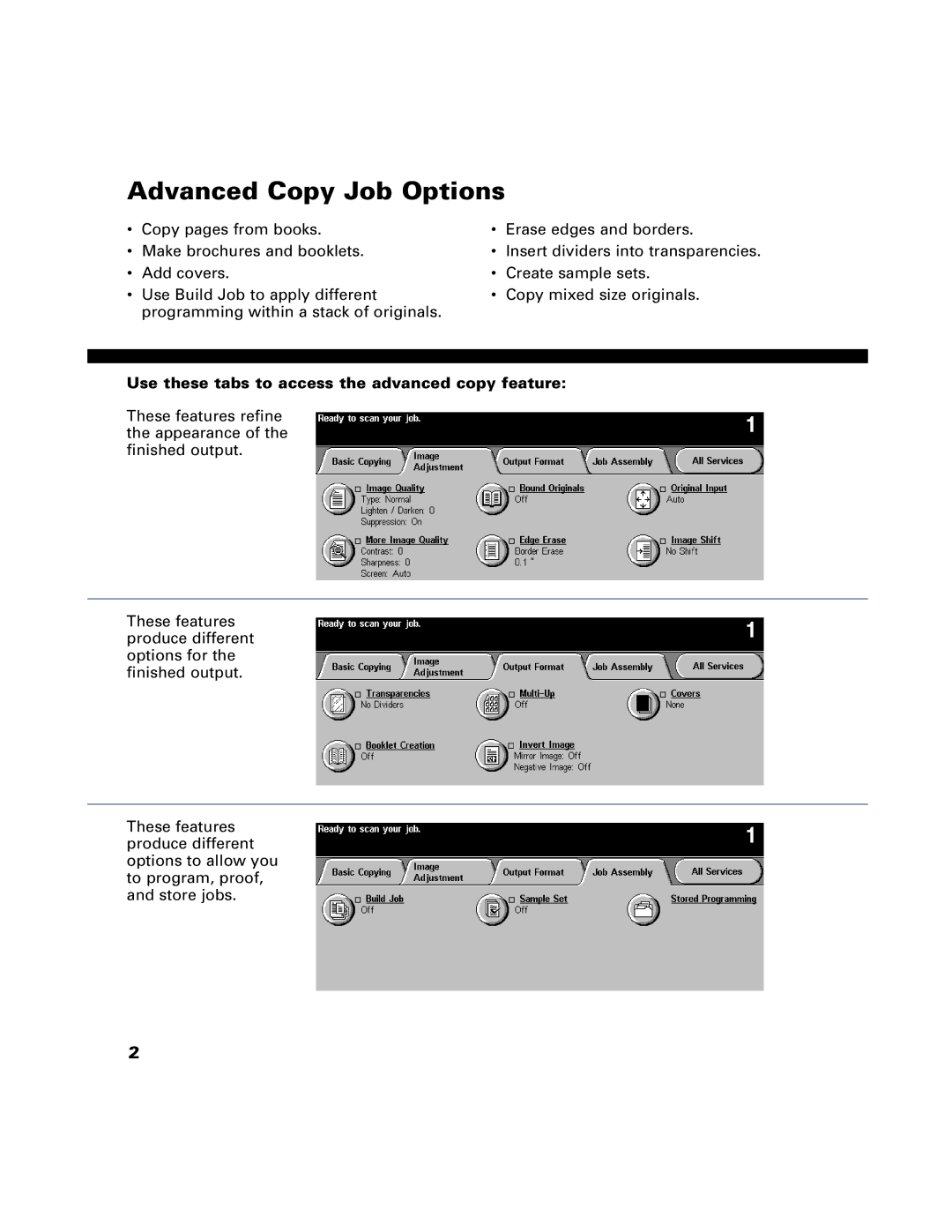 Xerox 65, 75, 90, C65, C75, C90 manual Advanced Copy Job Options, Use these tabs to access the advanced copy feature 