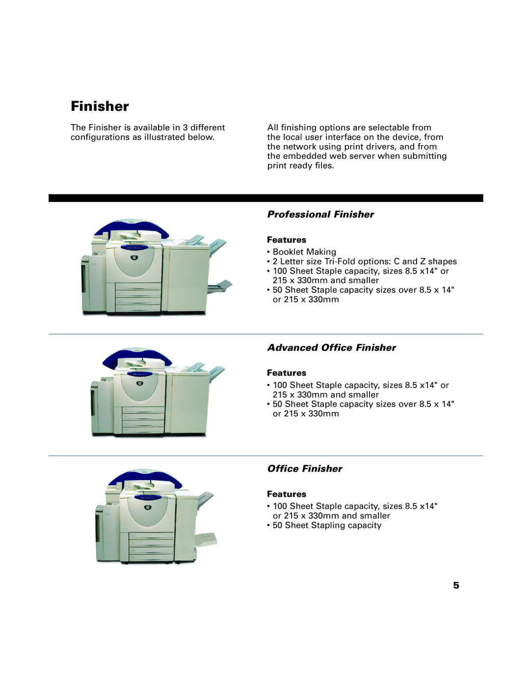 Xerox C65, C75, C90, 65, 75, 90 manual Finisher, Features 