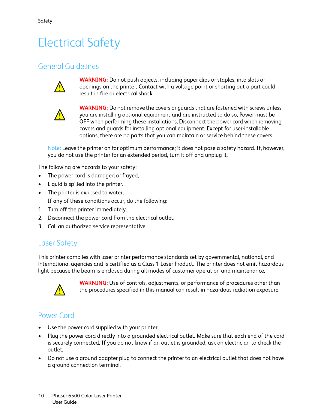 Xerox 6500 manual Electrical Safety, General Guidelines, Laser Safety, Power Cord 