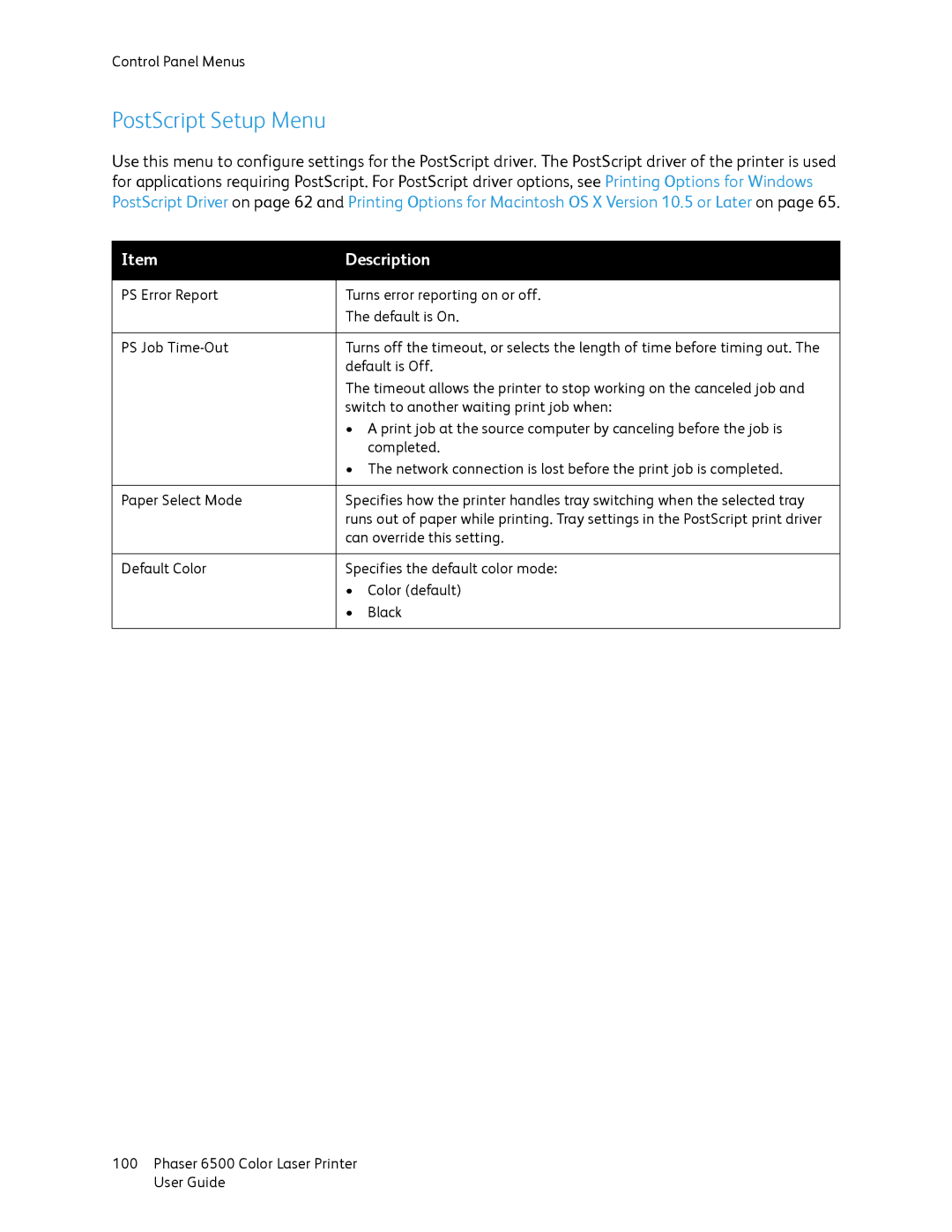 Xerox 6500 manual PostScript Setup Menu 