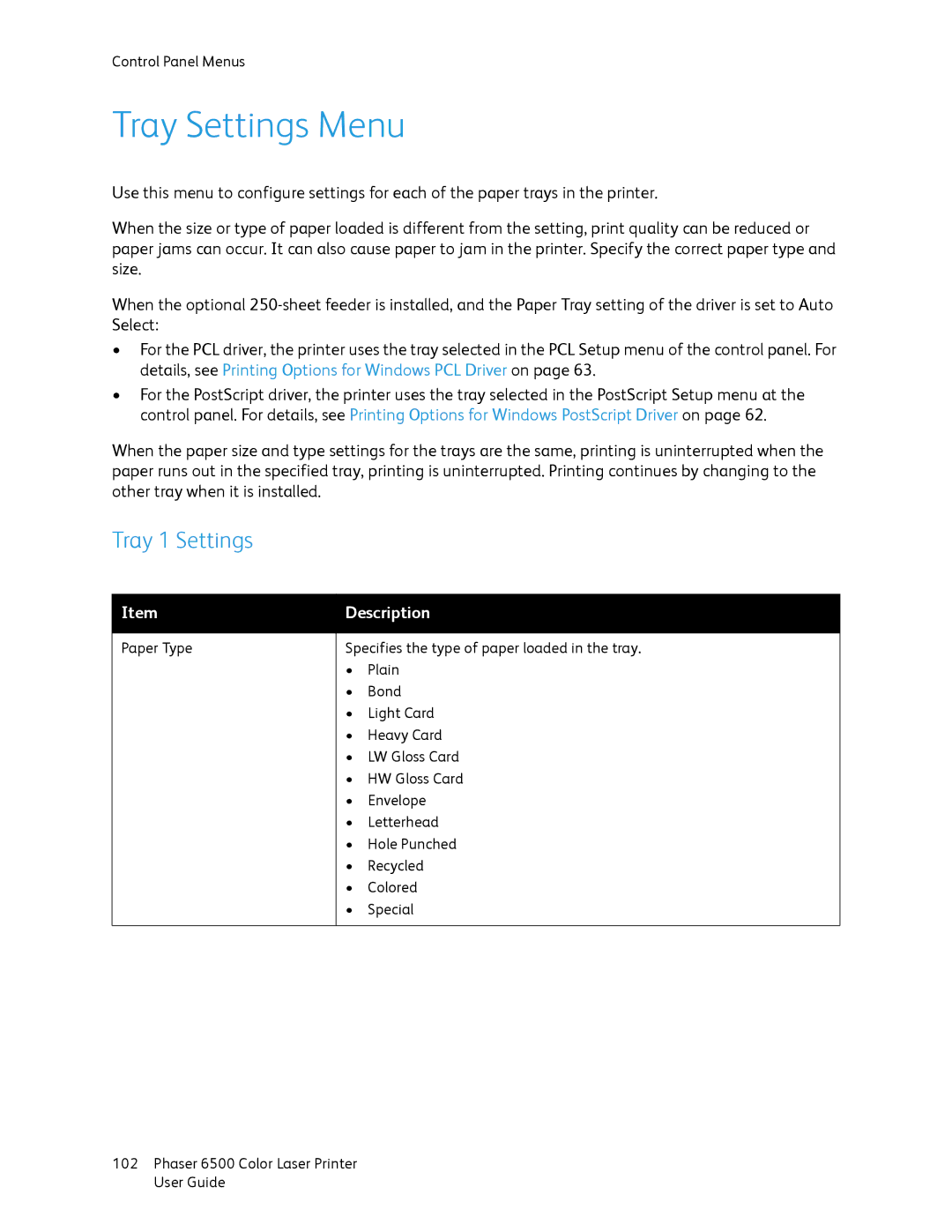 Xerox 6500 manual Tray Settings Menu, Tray 1 Settings 