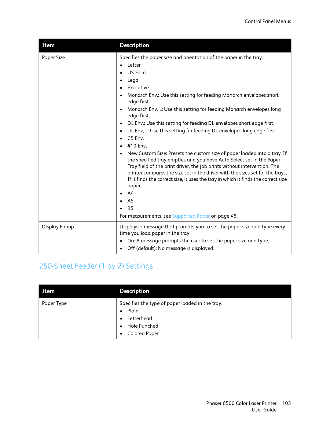 Xerox 6500 manual Sheet Feeder Tray 2 Settings 